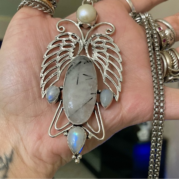 925 sterling silver overlay butterfly iridescent moonstone & quartz gem necklace - Picture 9 of 12